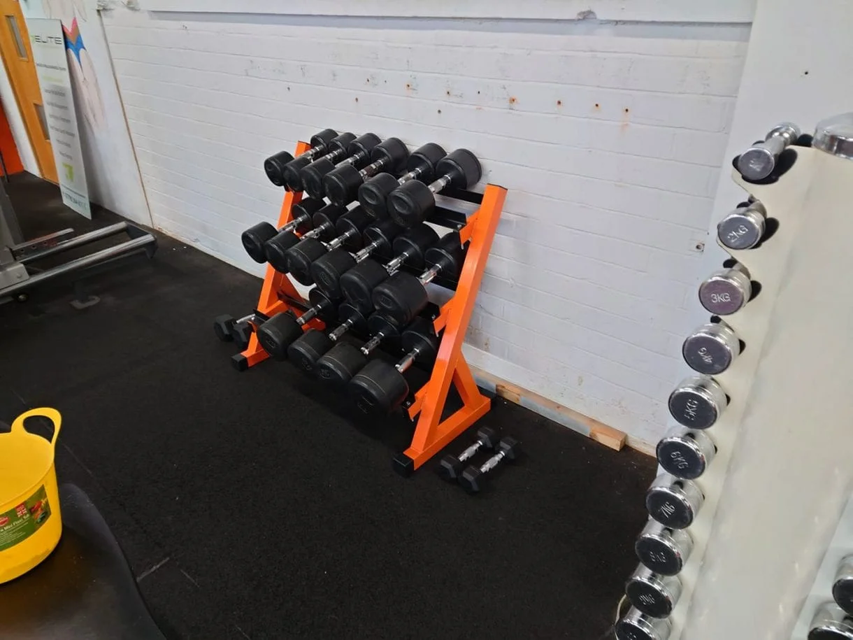 photo sent in by PR studio in stockport after buying a three tier dumbbell rack from www.liftandpress.co.uk