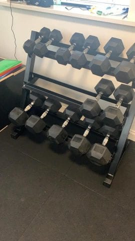 Lift and press Home Gym Equipment happy customer photo sent in to www.liftandpress.co.uk with their Hex dumbbells on the new dumbbell storage rack